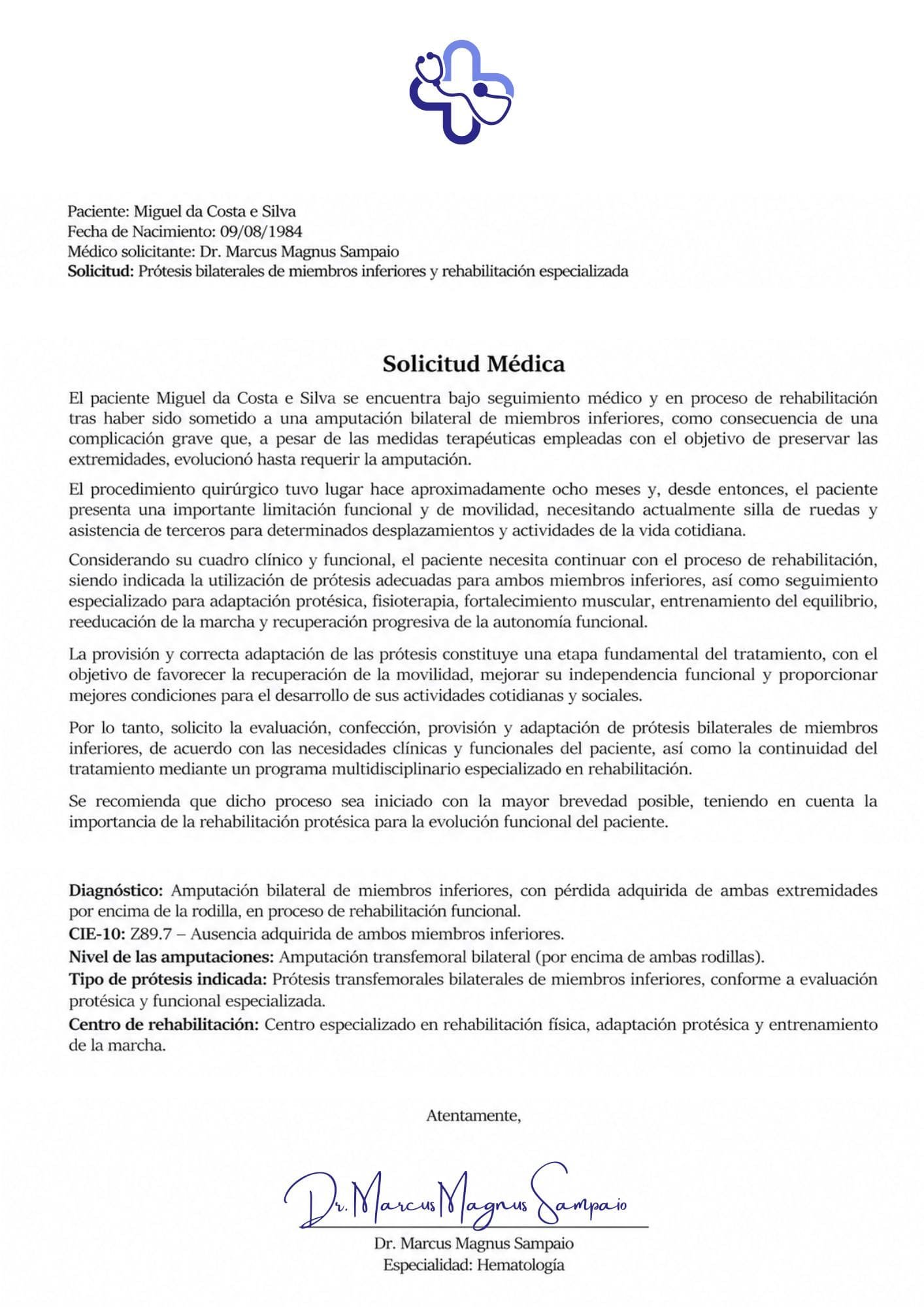 Solicitud médica de Miguel da Costa e Silva